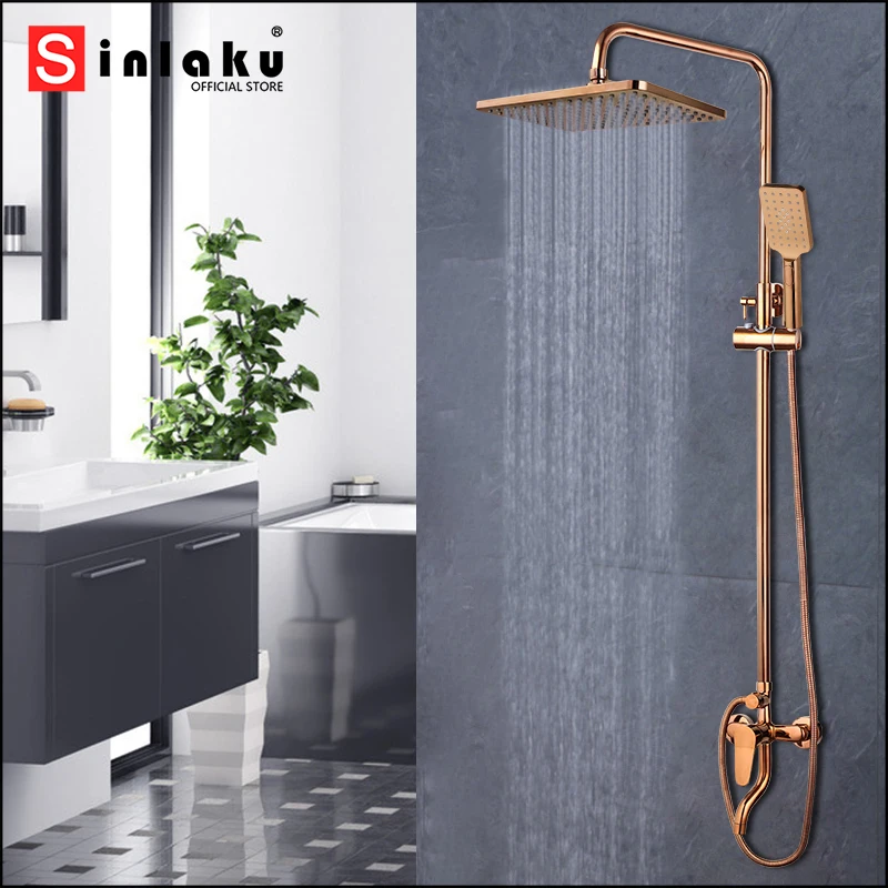 SINLAKU Rose Golden Shower Faucet Set Bathroom Bathtub Rainfall Head With Stream Lower Outlet Hot Cold Mixer Water Facuet Taps