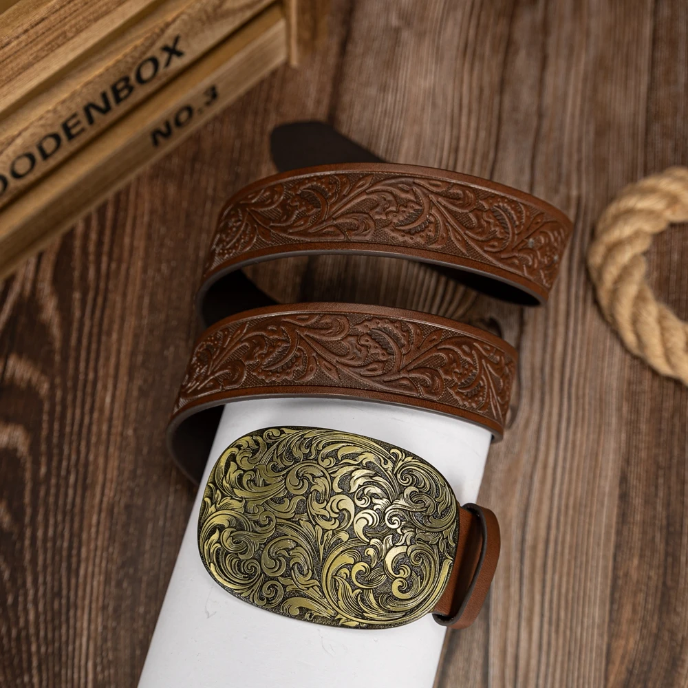 Wave relief full spread large buckle personalized simple plant PU embossed belt