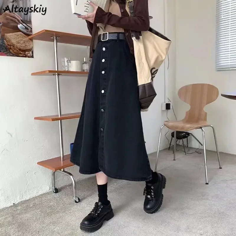 

Women Denim Skirts A-line Midi Length Button Vintage Korean Elegant Female Designed Streetwear All-match Trend Simple