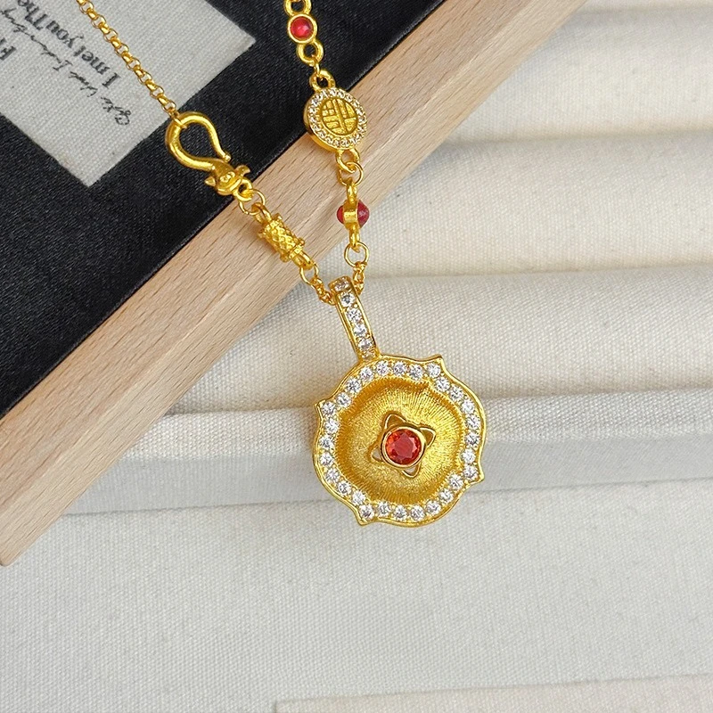 

Fashion 18 K Gold Color Medieval Italian Brushed Ruby Pendant Necklace Set for Women Wedding Birthday Chain Jewelry Gifts