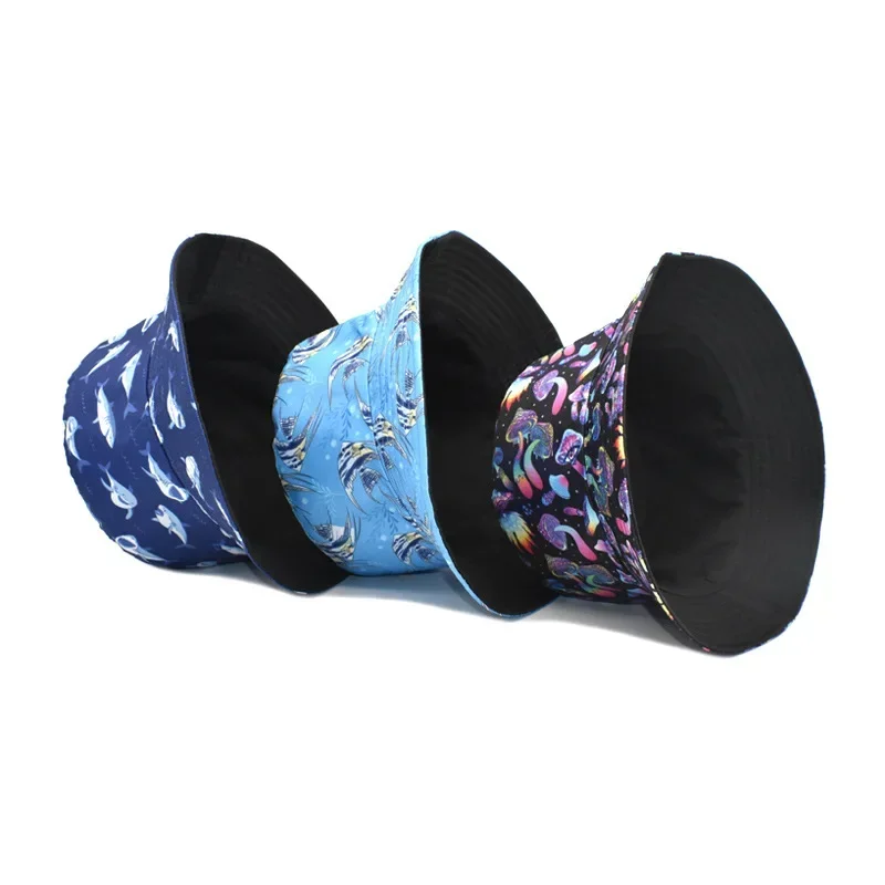 2022 New Mushroom Printing Bucket Hats Female European and American Men Double-sided Sunscreen Sun Hat Reversible Basin Hat