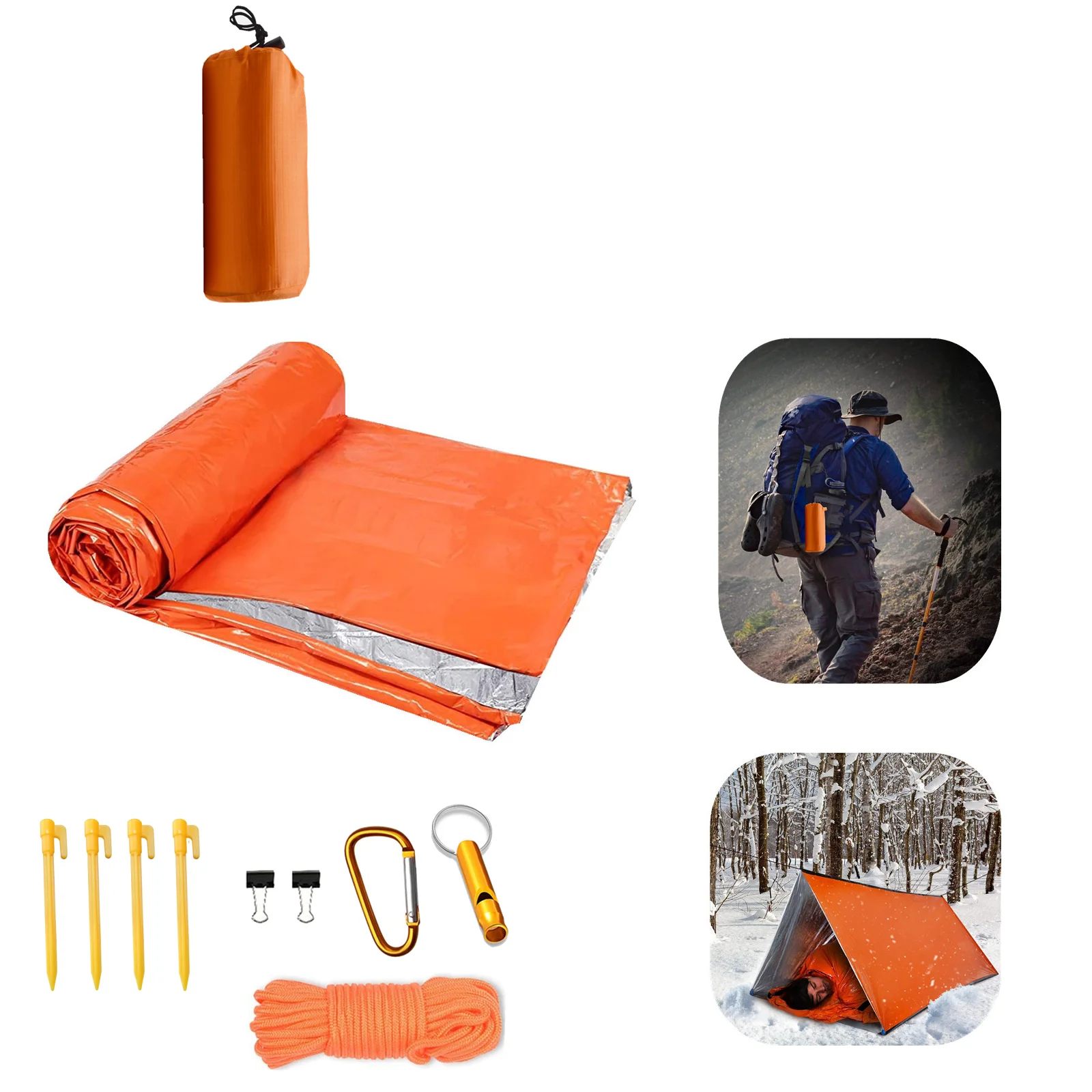 Outdoor emergency tent withground pegs, clips, whistle, carabiner and storage bag set, convenient and portable to store travel