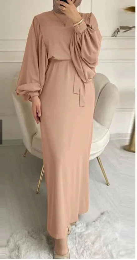 Muzułmańska sukienka damska Abaya Malay Fashion Lantern Sleeve Bundle Waist Wrap Hip Round Neck Robe