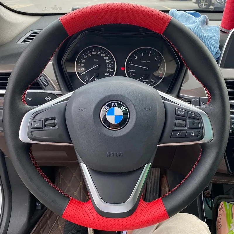 For BMW F45 F46 X1 F48 X2 F39 2 Series 2014-2021 Hand Stitched black white Genuine Leather Anti slip Car Steering Wheel Cover
