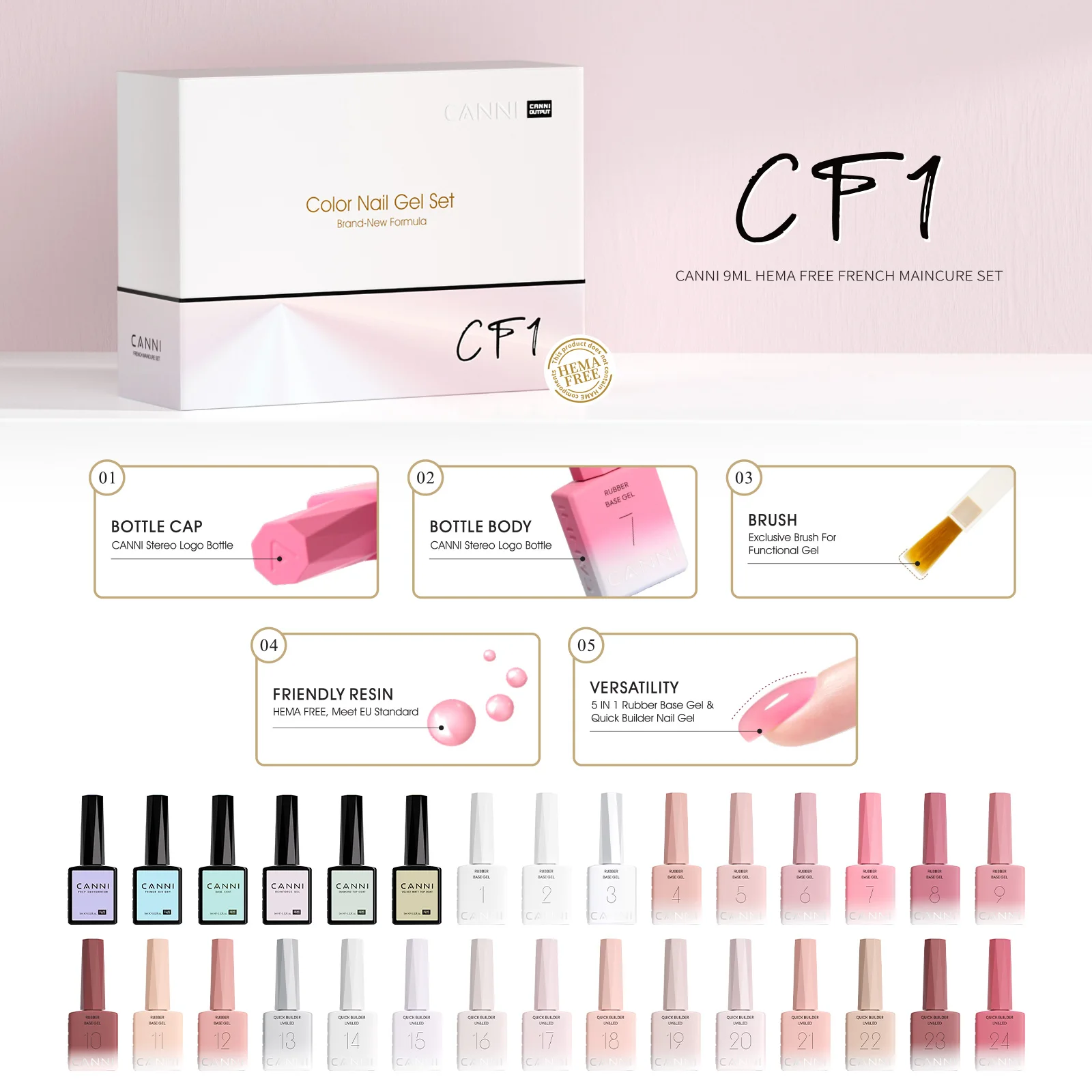 TPO FREE HEMA FREE 6pcs/Set CANNI 9ml Builder Nail Gel In Bottle Fast Construction UV Nail Gel Polish Self Leveling French Nails