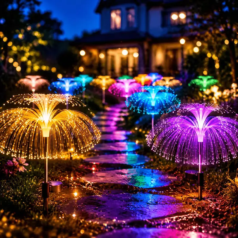 Outdoor Decor Solar Powered LED Lawn Light Colorful Gradient Lights Jellyfish Fiber Optic Ground Lights for Garden Patio Balcony