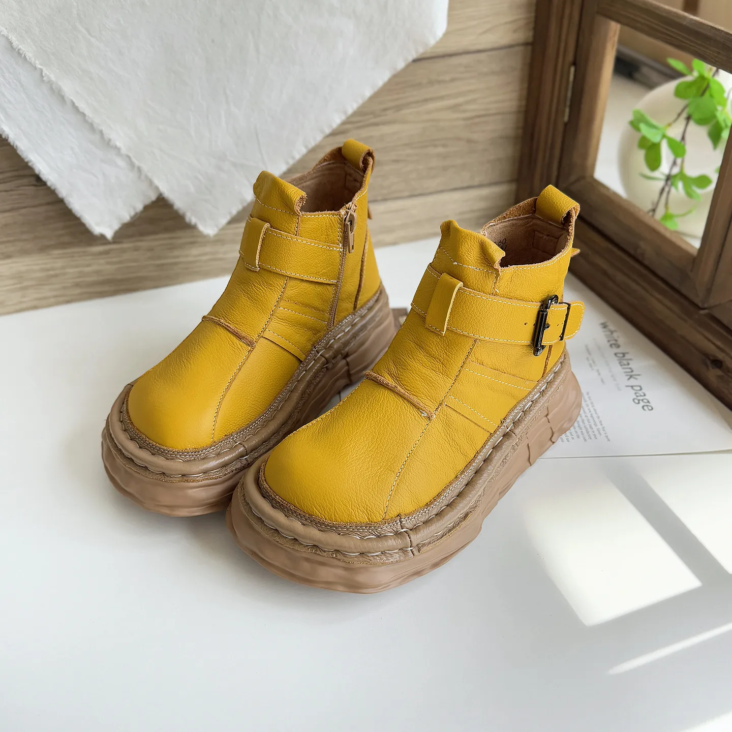 Careaymade-جلد طبيعي نعل سميك أوسع اصبع القدم الأحذية النسائية اليدوية حذاء كاجوال مريح قبيح لطيف المرأة حذاء الكاحل