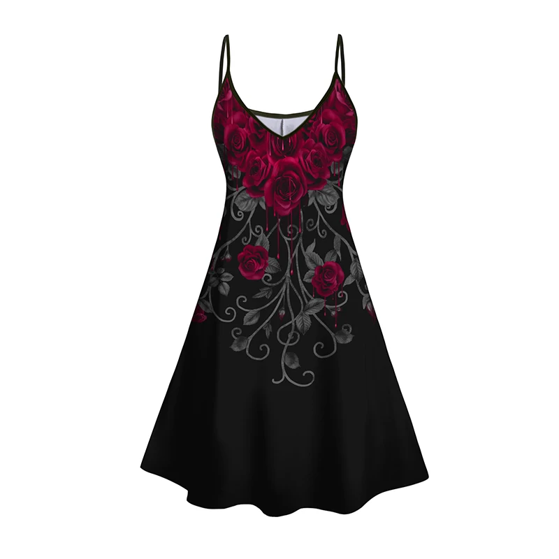 

Dressfo 2024 Womens Rose Bleeding Print V Neck Sleeveless Summer Cami Dress Mini Dresses Sundress