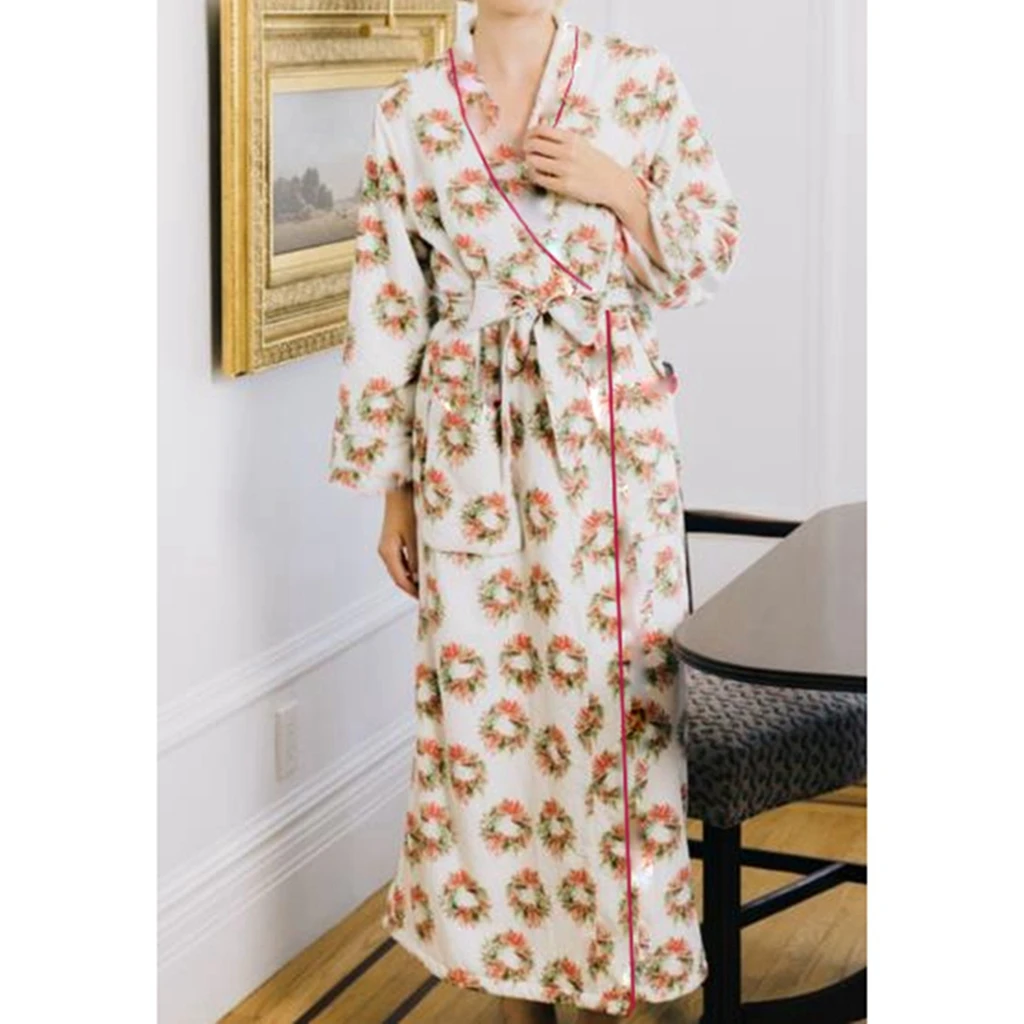 HEZIOWYUN Luxury Women\'s Christmas Floral All-over Print Robes Turn-down Collar Long SLeeve Nightgown Sleep Loungewear with Belt