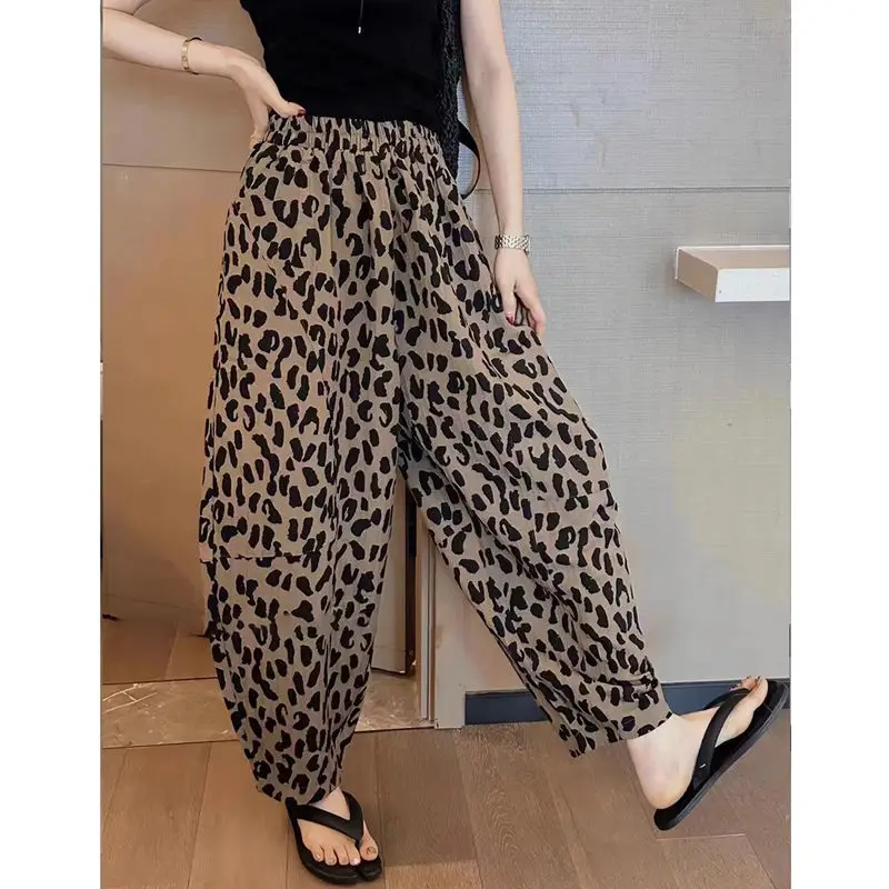 

Loose Versatile Leopard Band Feet Slim Women's Sports Bloomers 2023 New Summer Thin Fashion Simple High Waist Pocket Casual