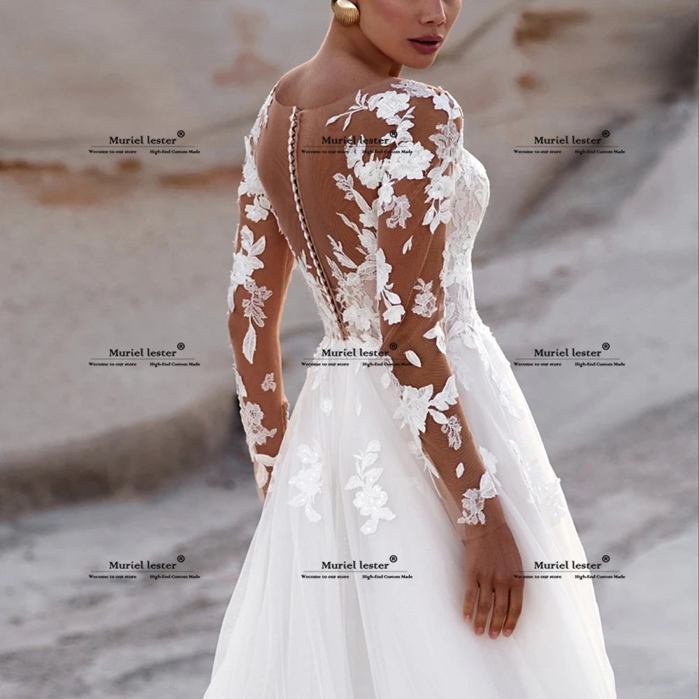 Elegant 3D Floral Lace Beach Wedding Dresses Illusion Appliqued Bridal Gown Customized Long Sleeves O Neck Bride Marriage Dress