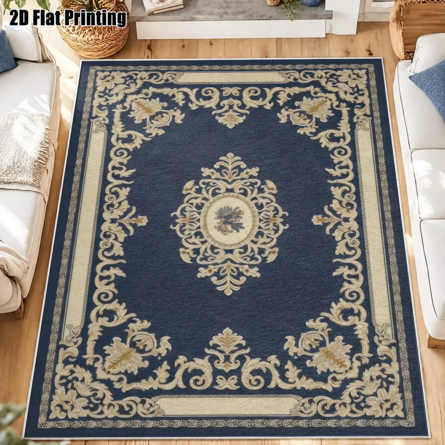 1Pc 2D Printed Velvet Carpet: Dark Blue Pattern, Vintage/European/Nordic/Instagram Style, Multiple Sizes, Machine Washable, for Entrance, Living Room, Bedroom, Dining Room, Foyer