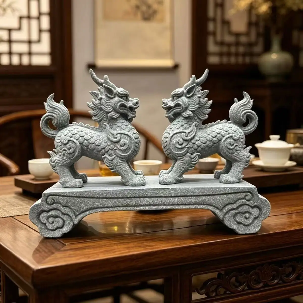 Green Sandstone Kirin Statue, Chinese Feng Shui Qilin Figurine, Wealth Luck Protection Sculpture for Office Desk Home Decor gift