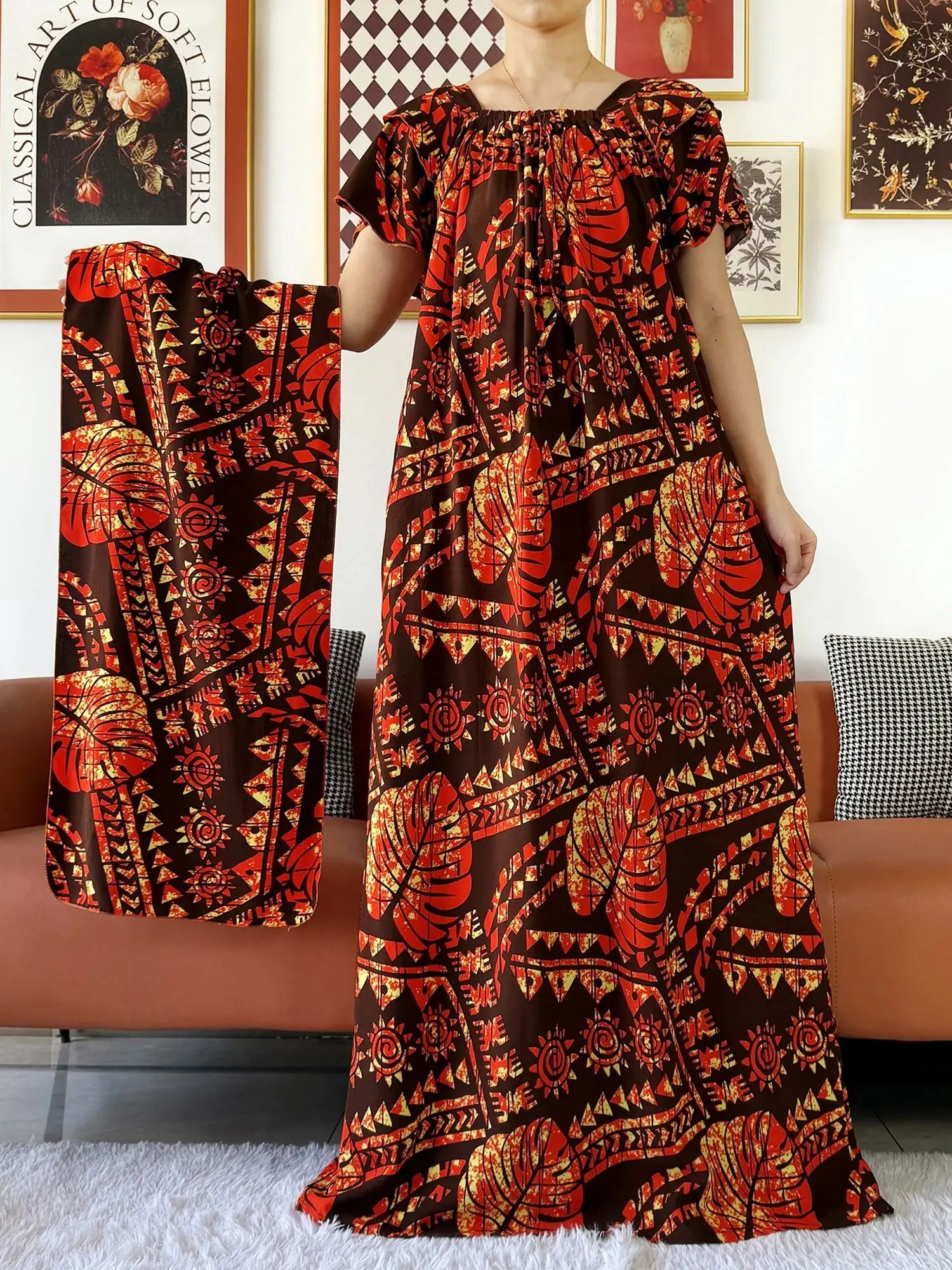 Newest African Lady Summer Short Sleeve Dress Boat-Neck Loose Floral Maxi Boubou Maxi Islam Women Dress African Abaya Clothes