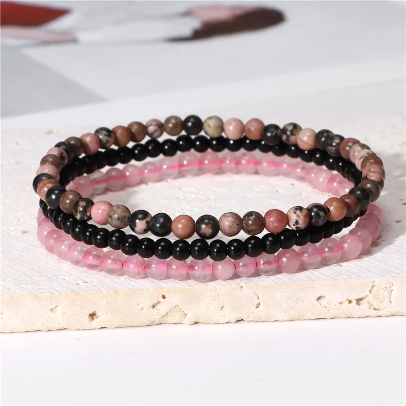 3Pcs/Set 4mm Natural Stone Bracelet Pink Quartzs Jaspers Rhodonite Beads Bracelets For Women Men Jewelry Gift Healing Energy