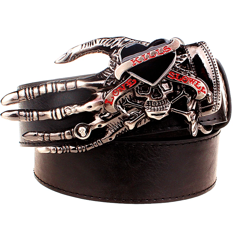 Fashion Belt Love Kill Skull Hand Buckle Punk Metal Skeleton Paw Men Women Leather Belts