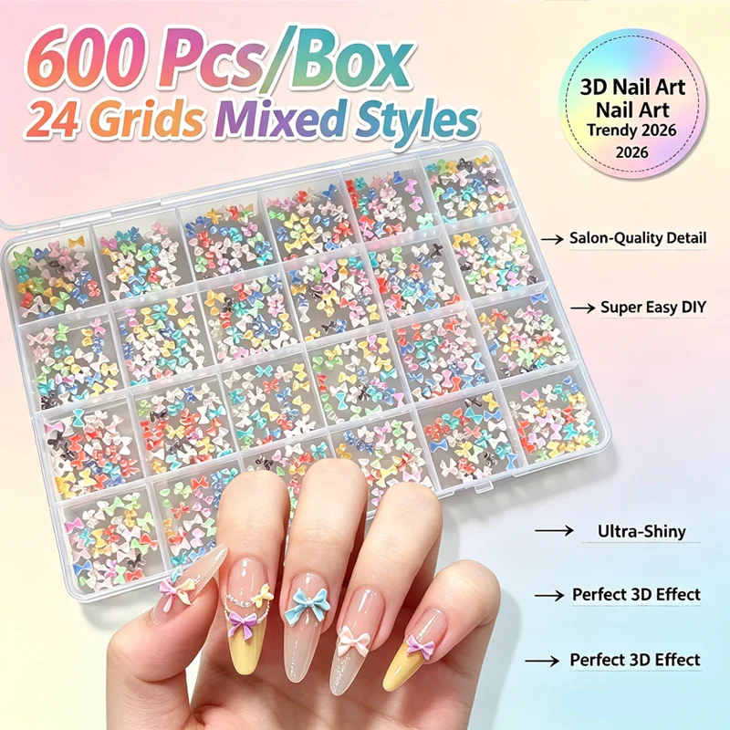 600 Pcs Mixed Butterfly Tie Nail Accessories Macaron Color Japanese Resin 24 Grids Nail Art Manicure Kit
