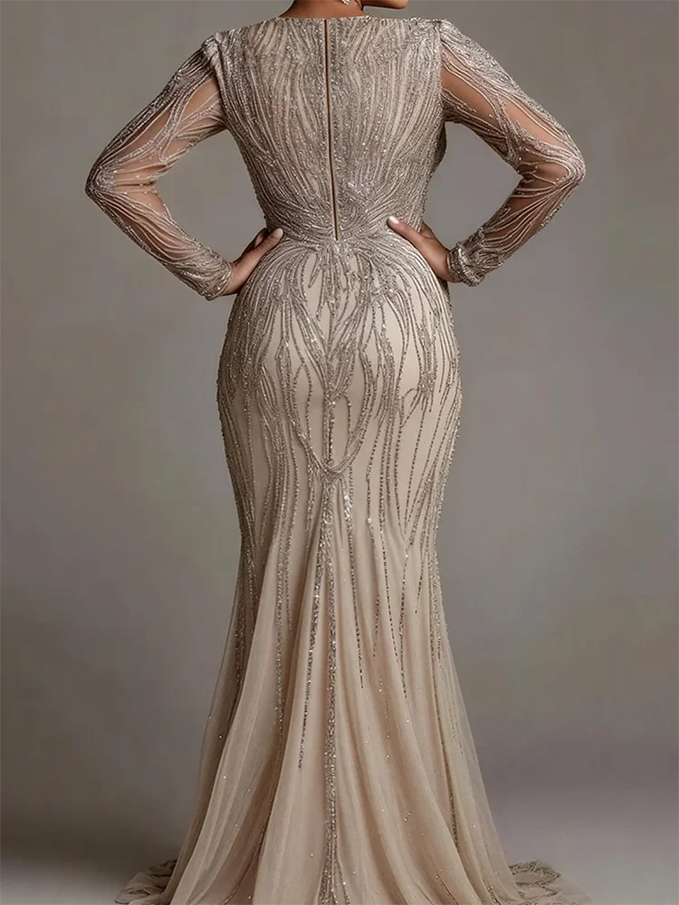 ชุดราตรีทรงเมอร์เมดแขนยาวประดับลูกปัดวิบวับ คอวี ดีไซน์หรูหรา สำหรับงานเลี้ยงวันเกิด งานพรอม  สามารถสั่งตัดได้