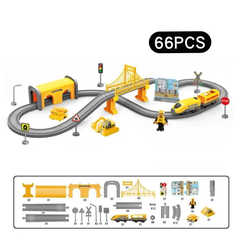 Juego de tren con pilas de 66 Uds., carril de conexión magnética, regalos para niños de 3, 4, 5 y 6 años, pista de carreras, juguete ferroviario A51