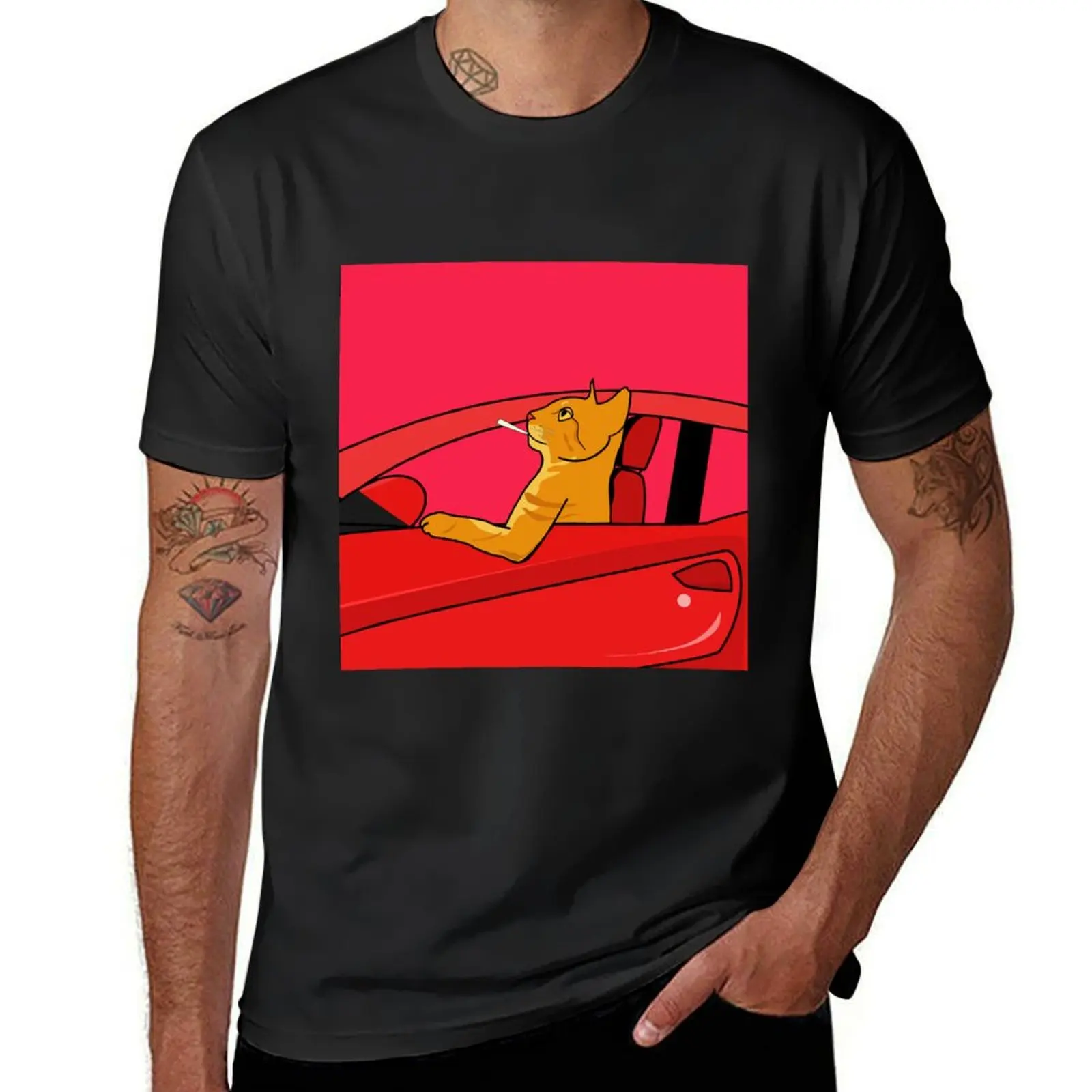 

Relaxed cat riding a red sports car T-shirt vintage shirts graphic tees plus sizes men clothing