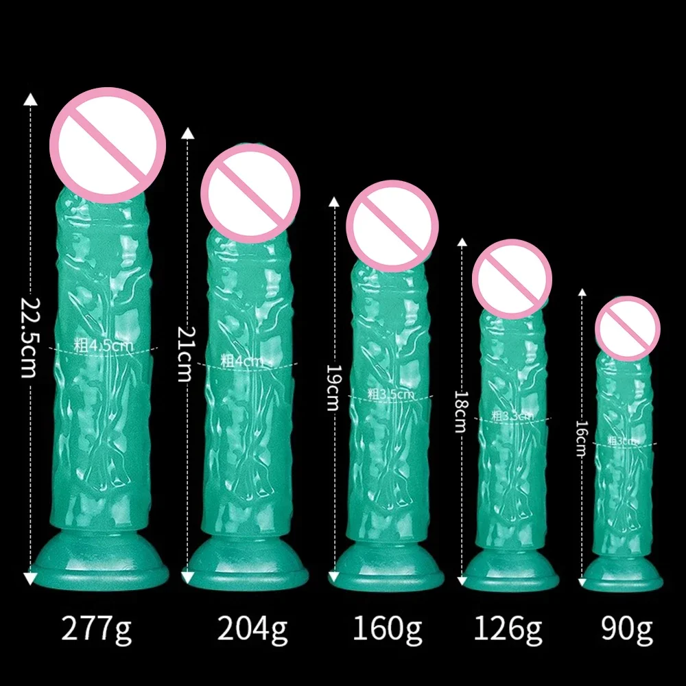 Five Sizes Green Glow-In-The-Dark Fluorescent Eggless Enlargement Simulated TPE Dildo Thickening and Lengthening Realistic Penis
