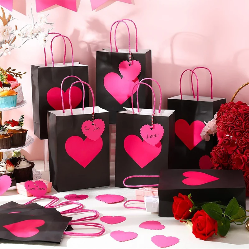 12/10 Pcs Red Heart Gift Bag With Tag Valentine's Day Candy Cookie Packaging Kraft Paper Bags Wedding Party Favors For Guests