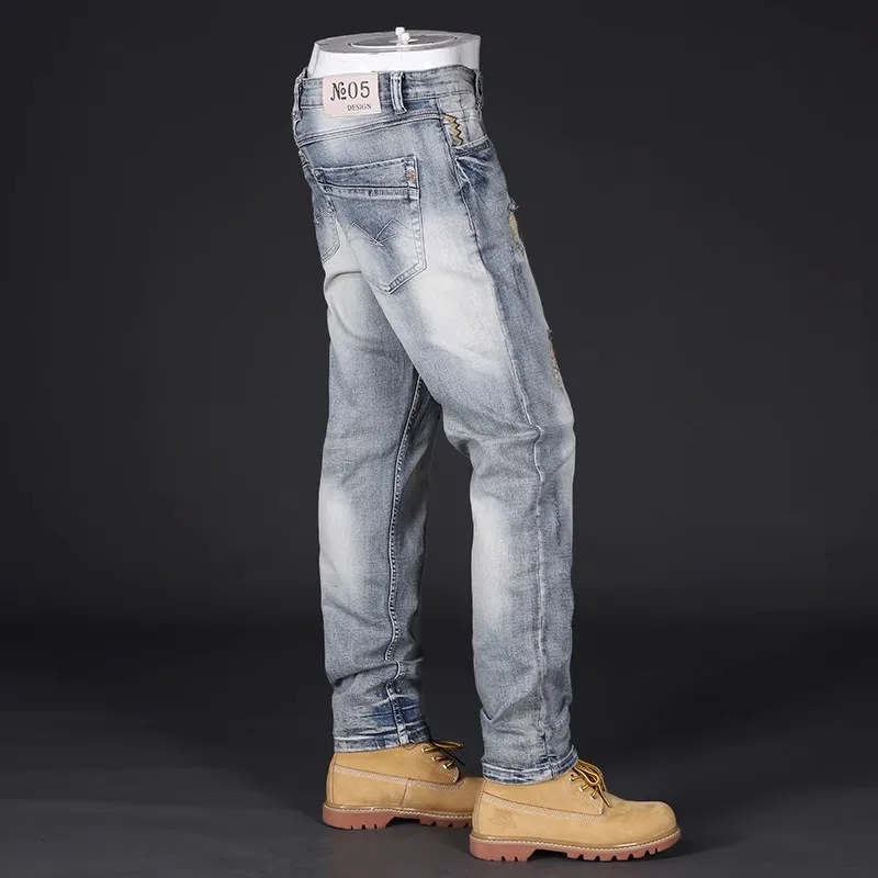 Streetwear Fashion Men Jeans Retro Light Blue Elastic Slim Fit Ripped Jeans Men Embroidery Designer Vintage Casual Denim Pants