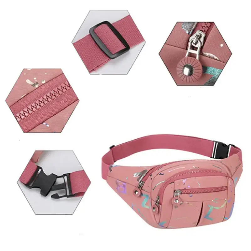 حقيبة خصر عصرية كاجوال للنساء خفيفة الوزن من قماش أكسفورد مطبوعة وخياطة متعددة الجيوب وحقائب تخفيف يومية