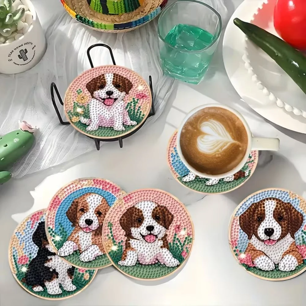 8 Pieces/Set of Diamond Art Painting Coasters with Brackets, DIY Animal Dog Pattern Diamond Art Coasters, Suitable for Both Adul
