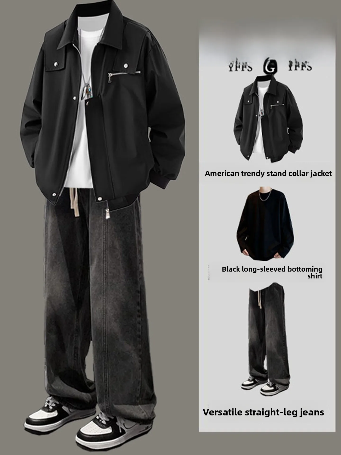 

American Sle Pilot Jaet Coat Men's Spring Outfit OOTD High-End Collar Baseball orm Long Sve Long Pants Youth