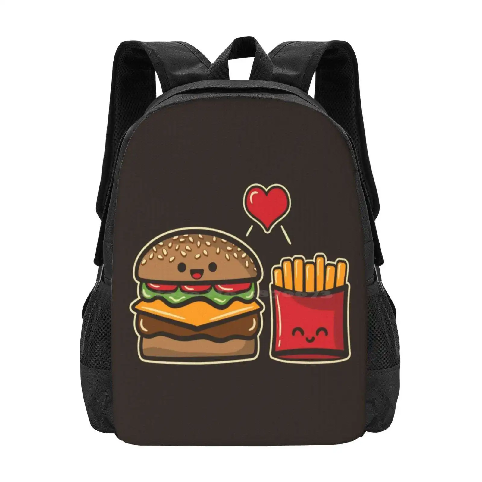 Burger And Fries Pattern Design Bag Student'S Backpack Burger Fries Love Valentines Day Cute Kawaii Foodie Food Fast Food Best