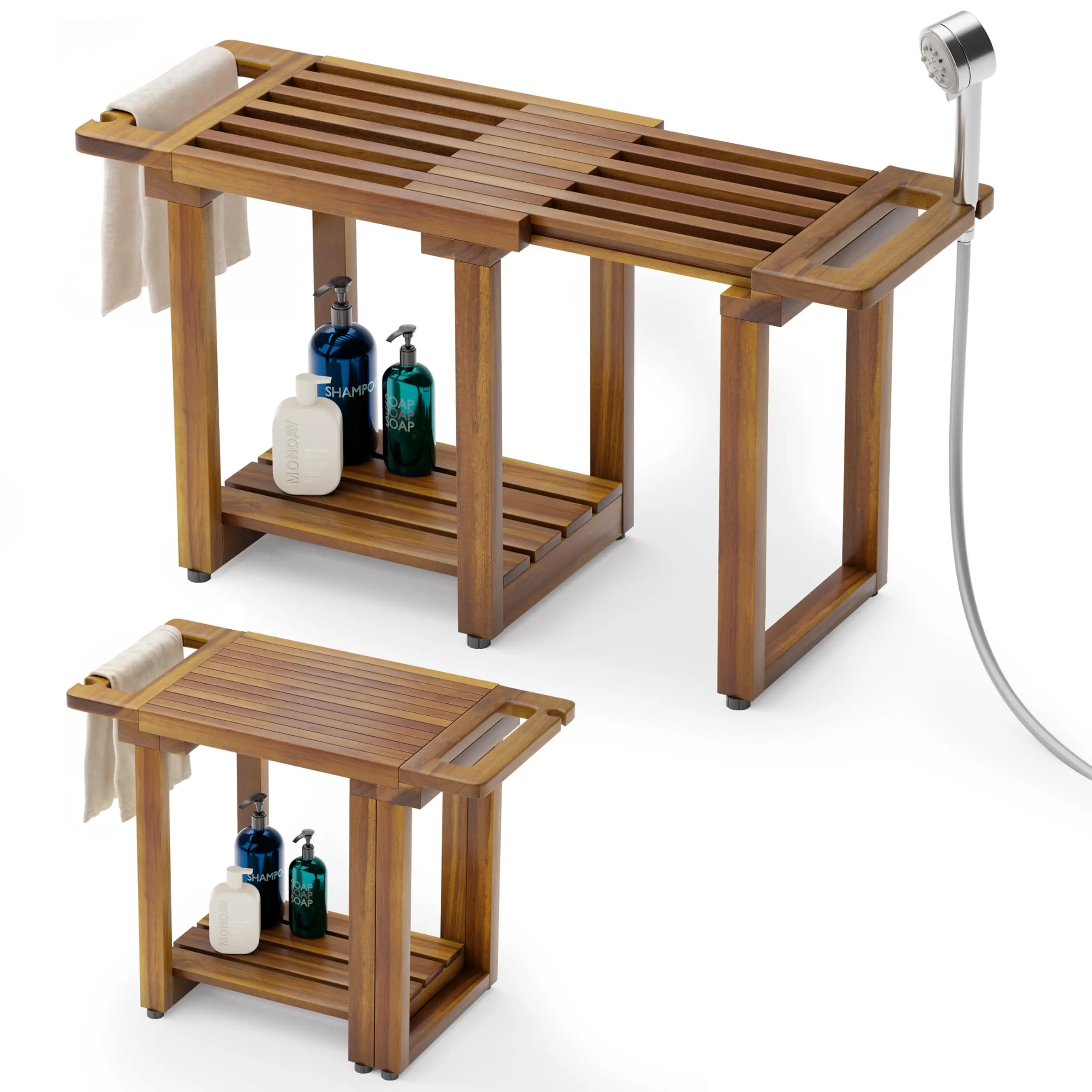 Adjustable Acacia Wood Shower Bench With Storage Shelf And Shower Head Holder