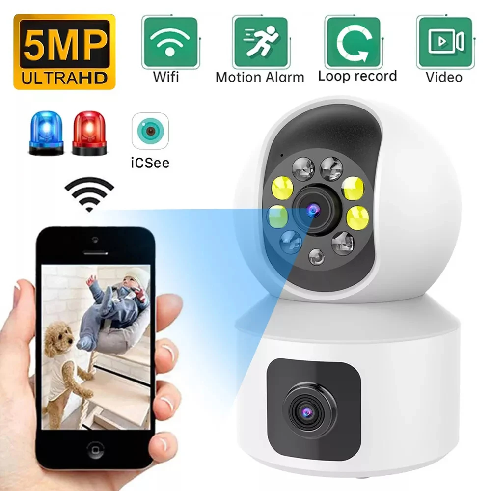 

5MP WiFi Camera with Dual Screens Two-Way Audio Baby Monitor Indoor IP Cameras CCTV Surveillance Home Smart Security Cam ICSee