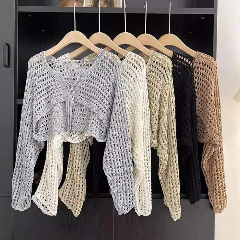 

2026 Korean Fashion Hollow Out Short Style Knitted Sweater For Women's Summer New Loose Long Sleeved Cover Up Sun Protection Top