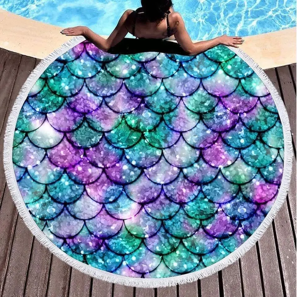 Shining Mermaid Fish Scales Printed Microfiber Beach Towel Bath Sport Swimming Round Beach Towels for Adults Circle Bath Blanket