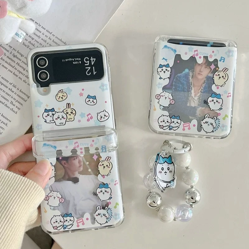 Cute Cartoon Japan Anime Chiikawa Card Wallet Pocket Phone Case For Samsung Galaxy Z Flip 7 6 5 4 3 Hard TPU Cover With Lanyard