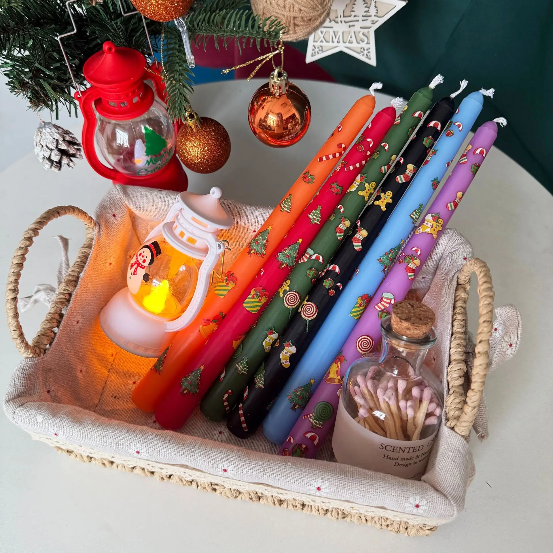 2pc/box 25cm Christmas Printed Long Stem Candles, Smoke-free Long Candles Dinner Atmosphere, Holiday Party Decoration Candles