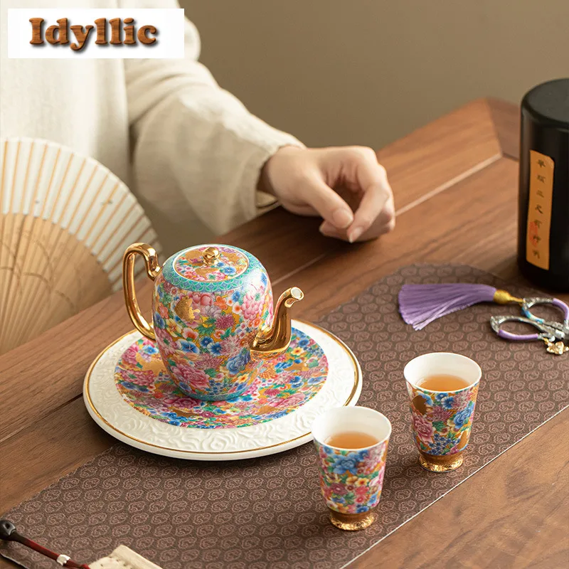 

Silver-plated Enamel Tea Set Complete Set Aesthetic Tea Ceremony Set Household Tea Brewing Teapot And Tea Cup Set Teaware Gift
