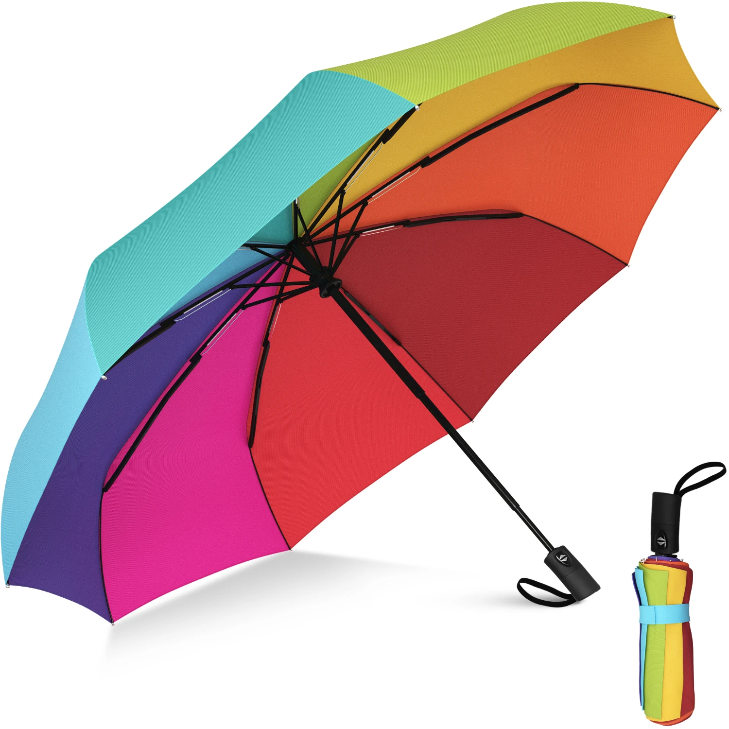 Compact Travel Umbrella, Windproof Umbrella, Auto Open and Close Button, 9 Rib Reinforced Canopy (Rainbow)