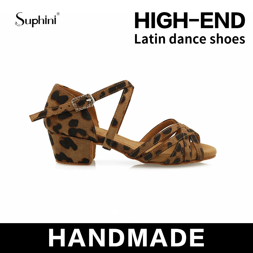 Suphini-zapatos de baile de tacón cubano para niños, colección de leopardo