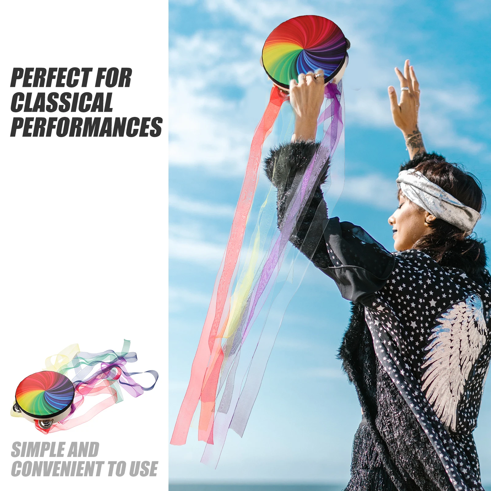 

Hand Drum Props 6 Inch Rainbow Ribbons Classical Tambourine Musical Instrument Performance Adults Kids Percussion Drums