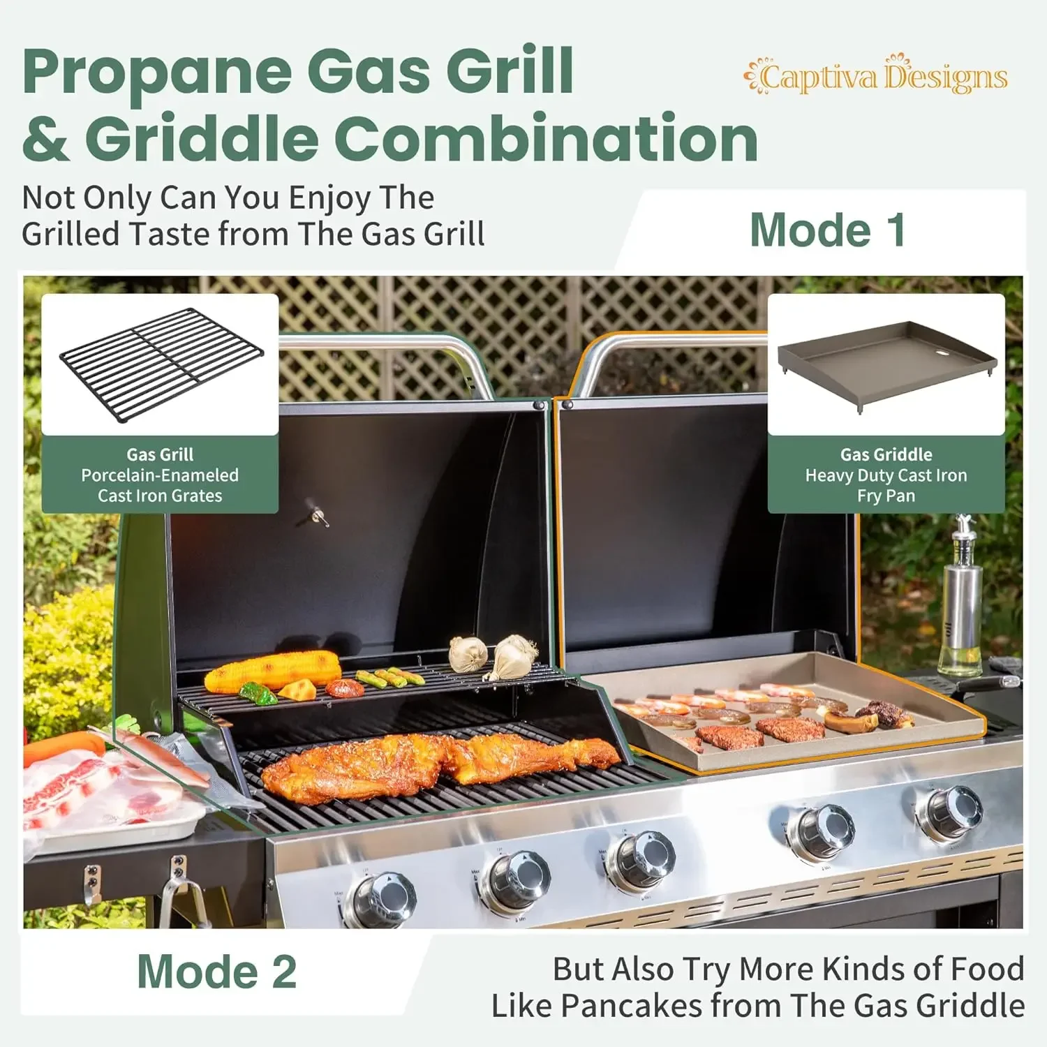 Propane Gas Griddle Grill Combo  Cast Iron Pan, Dual BBQ Grill With Flat Top Griddle for Outdoor Kitchen & Backyard Barbecue