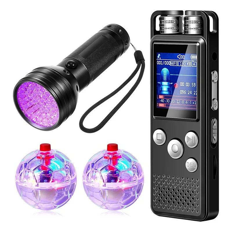 P5-4Pcs Ghosthunting Equipment Kit 1 Pocket Digital Voice Recorder 2 LED Light Up Pet Cat Ball 1 Black UV Flashlight,8 GB