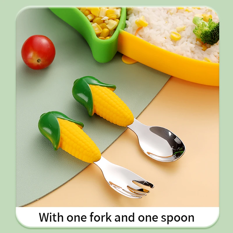 Silicone Baby feeding Dish Set Food Grade Corn Style Suction Children Tableware for Kids Divided Food Plate 304 Fork Spoon Set