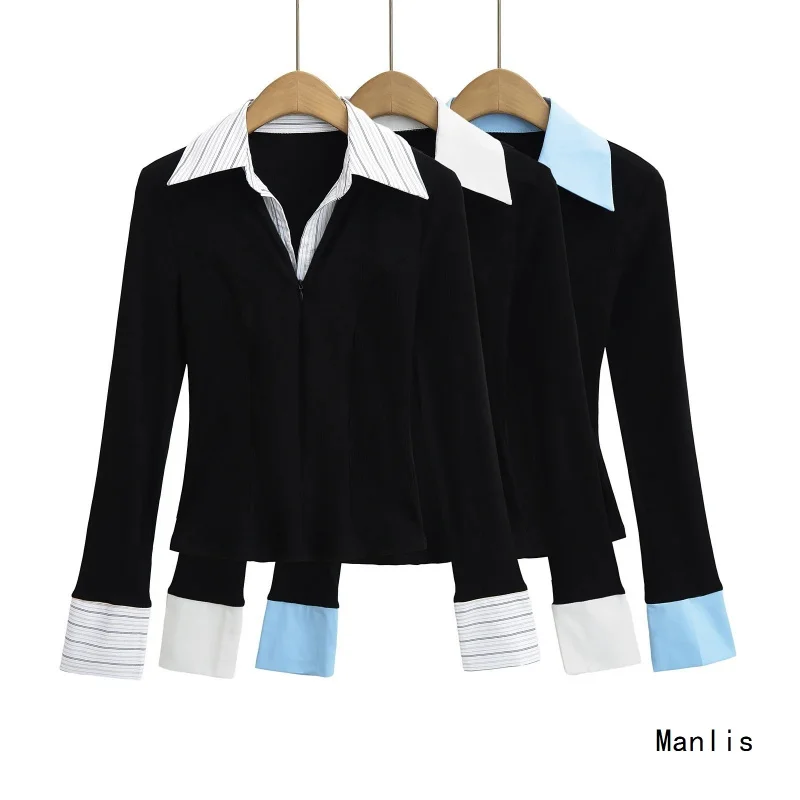 

European and American Style New Pure Desire Sexy Hot Girl Slim Fit Shirt Collar Long Sleeve2025Autumn Base LayerTWomen's T-shirt