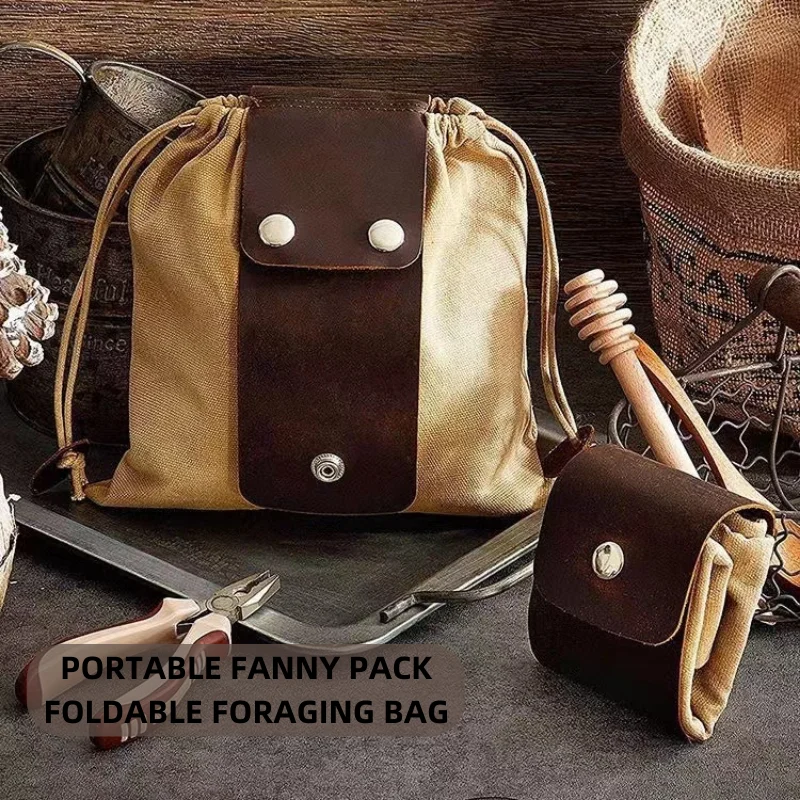 Leather Waxed Canvas Pouch Tote Garden Tools Bag In Water Proof Canvas Rolling Bag Foldable Belt Pack Portable Foraging Bag