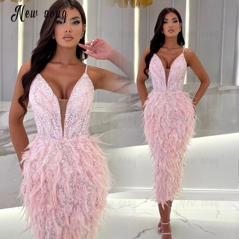 Pink Spaghetti Straps V Neck Midi Evening Dress Feathery Mermaid Special Occasion Dresses Custom Made Handmade Vestido De Noiva