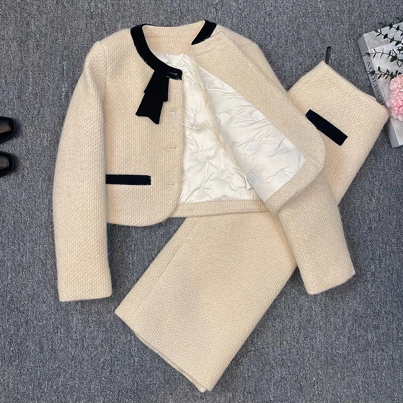 

Winter New Two Piece Elegant Skirt Set Warm Down Woolen Coat Jacket with Butterfly Knot Short Coat and Half Skirt Two Piece Suit