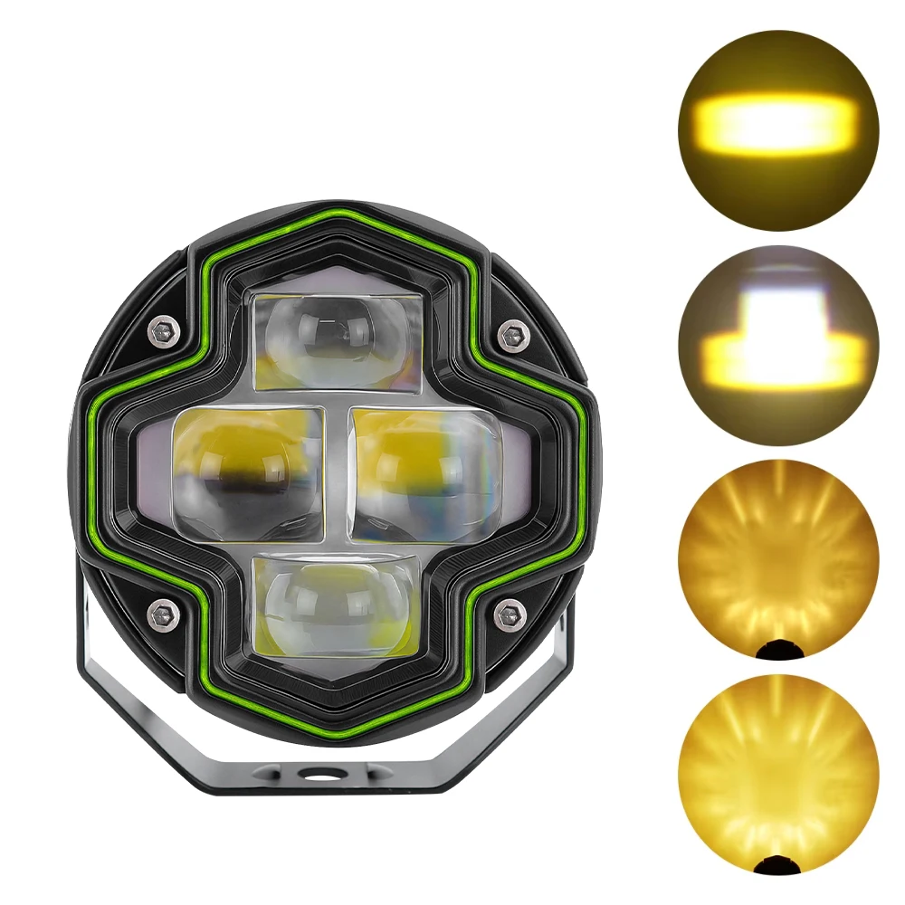 Motorcycle LED Spot Light Dual Color Hi/Low Beam Fog Lamps 4 Lens for Car Trucks SUV UTV Lens Headlight Driving Light