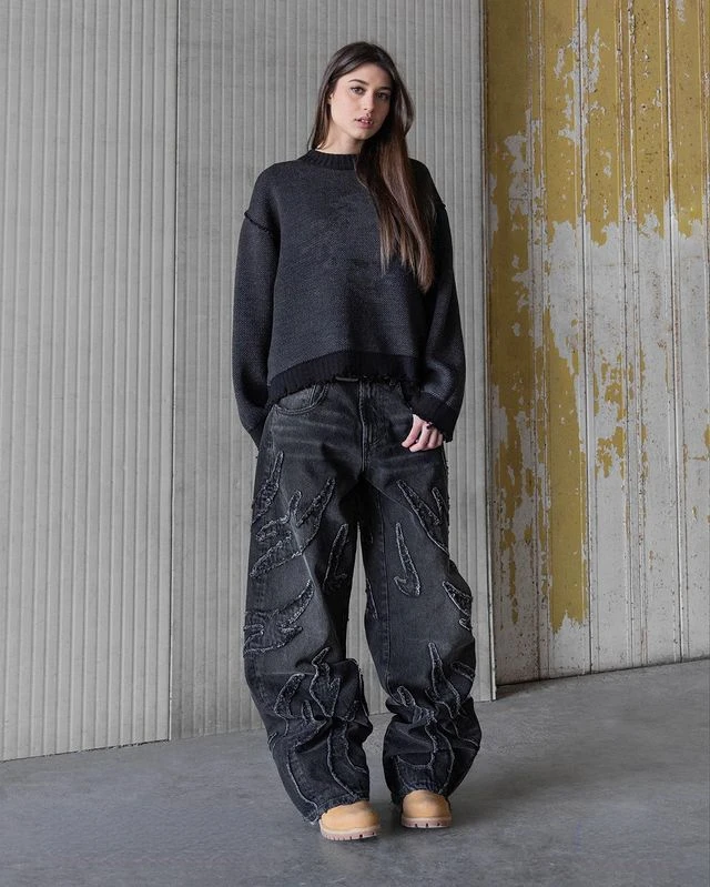 Baggy-Jeans für Männer Y2k Hip Hop Distressed Retro Schwarze Hose Übergroße Stickerei Harajuku Gothic Hose mit weitem Bein Streetwear